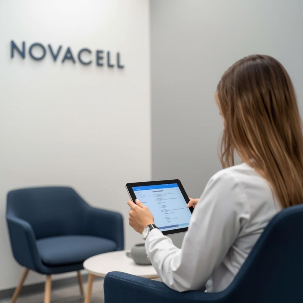 NOVACELL stem cell therapy—quality and compliance overview with clinician reviewing standardized procedures and GMP workflow.