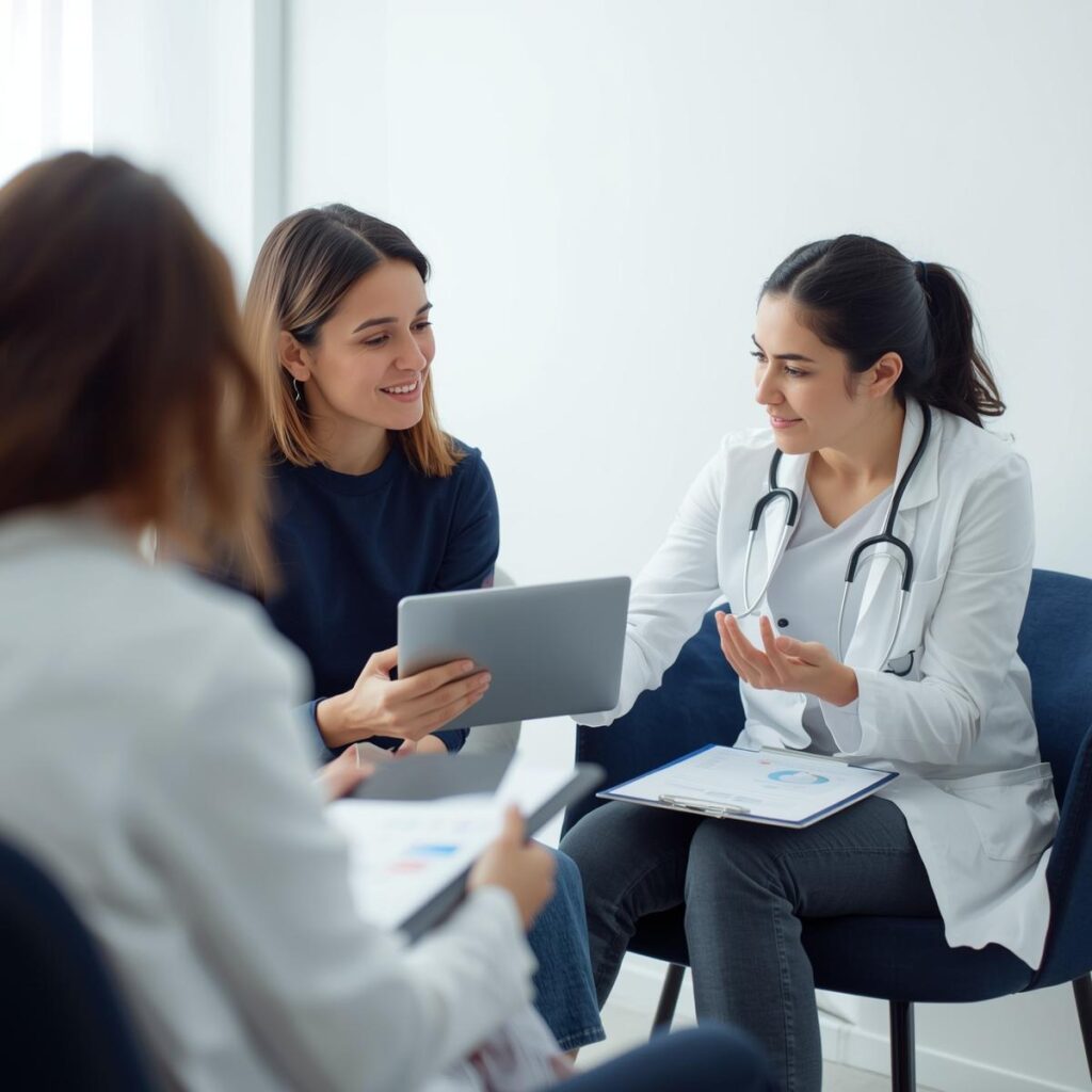 Realistic stem cell therapy consultation at NOVACELL—doctor explaining outcomes and risks with clear visuals and patient partnership.